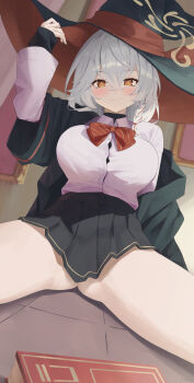 1girl ass black_hat black_jacket black_skirt blue_archive blush bow bowtie braid breasts button_gap diagonal-striped_bow diagonal-striped_bowtie diagonal-striped_clothes dress_shirt eri_(blue_archive) grey_hair halo hat highres jacket jacket_partially_removed large_breasts miniskirt multicolored_hair nev_(nevblindarts) no_panties orange_eyes pleated_skirt red_bow red_bowtie red_hair shirt single_braid sitting skirt smile solo spread_legs streaked_hair striped_bow striped_bowtie striped_clothes thighs two-tone_hair undershirt white_shirt witch_hat