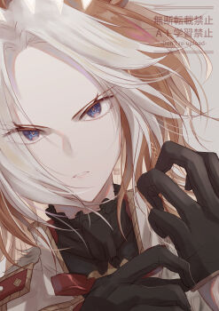 Rule 34 | 1girl, adjusting clothes, adjusting gloves, animal ears, ascot, black ascot, black shirt, blue eyes, close-up, coat, ear covers, gloves, highres, horse ears, horse girl, long hair, looking at viewer, multicolored hair, orfevre (control) (umamusume), orfevre (umamusume), parted lips, shirt, solo, two-tone hair, umamusume, white coat, white hair, yue (lov n n)