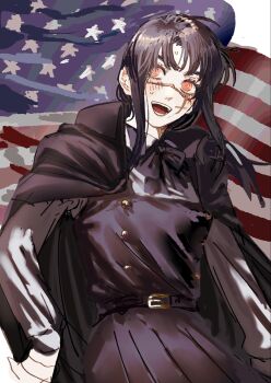 1girl 8shoshinsha26 american_flag black_cape black_hair cape chainsaw_man cowboy_shot cross_scar facial_scar fourth_east_high_school_uniform hands_on_own_hips highres long_hair red_eyes ringed_eyes scar scar_on_cheek scar_on_face scar_on_nose school_uniform smile solo yoru_(chainsaw_man)
