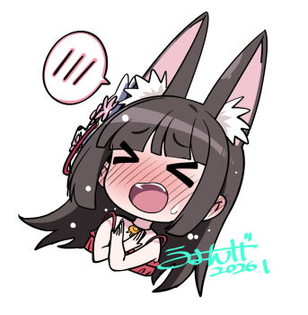 >_< 1girl animal_ear_fluff animal_ears azur_lane blush chibi chibi_only commentary_request cropped_torso embarrassed fox_ears fox_girl hair_ornament nagato_(azur_lane) open_mouth signature simple_background solo spoken_blush sweatdrop umyonge_(lkakeu) white_background