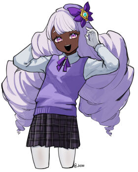 1girl aged_down alternate_costume collared_shirt cropped_legs dark-skinned_female dark_skin eternalgrayores fascinator gem gloves hand_in_own_hair hands_up highres jacinthe_(pokemon) jewelry kyou_(iuciferic) long_hair long_sleeves looking_at_viewer low_drills neck_ribbon nintendo open_mouth pantyhose plaid_clothes plaid_skirt pokemon pokemon_legends:_z-a purple_eyes purple_hair purple_ribbon purple_skirt purple_sweater_vest ribbon shirt skirt smile solo sweater_vest teeth upper_teeth_only very_dark_skin white_gloves white_pantyhose white_shirt