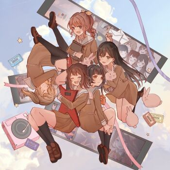 5girls absurdres bang_dream! black_hair black_pantyhose black_socks blonde_hair blue_eyes brown_dress brown_hair brown_shoes cassette_tape closed_eyes closed_mouth commentary_request cone_hair_bun dress green_eyes hair_bun hair_ornament hanasakigawa_school_uniform hanazono_tae highres holding_carton hugging_object ichigaya_arisa jiumi kneehighs loafers long_sleeves medium_hair multiple_girls open_mouth pantyhose phonograph poppin&#039;party rabbit red_eyes sailor_collar sailor_dress school_uniform shoes short_hair socks teeth toyama_kasumi twintails upper_teeth_only ushigome_rimi white_sailor_collar x_hair_ornament yamabuki_saya