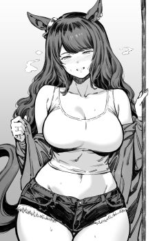 1girl :d aged_up alternate_hairstyle animal_ears bacius bare_shoulders breasts collarbone commentary_request cowboy_shot ear_ornament greyscale grin groin hair_down highres horse_ears horse_girl horse_tail jacket jewelry large_breasts long_hair looking_at_viewer micro_shorts monochrome navel off_shoulder open_mouth ring shorts smile solo tail tank_top tosen_jordan_(umamusume) umamusume