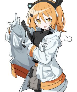1girl a.i._voice adachi_rei black_shirt commentary_request gloves grey_skirt gun handgun highres holding holding_gun holding_weapon jacket long_sleeves looking_at_viewer medium_hair migamo open_clothes open_jacket open_mouth orange_eyes orange_hair shirt simple_background skirt solo standing utau weapon white_background white_gloves white_jacket