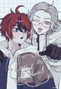 Rule 34 | 2boys, ahoge, aotsuki eito, black gloves, black streaks, blue eyes, blue jacket, catchphrase, commentary request, dn0lt, english text, film grain, glasses, gloves, grey hair, grey jacket, grid background, hand on another's shoulder, highres, hood, hoodie, jacket, jacket over hoodie, looking at another, looking at viewer, male focus, multicolored hair, multicolored jacket, multiple boys, one eye closed, open clothes, open jacket, open mouth, pointing, pointing at viewer, red hair, short hair, smile, sparkle, streaked hair, sumino takumi, sweatdrop, the hundred line -last defense academy-, triangle mouth, two-tone jacket, white background, white hoodie, white jacket
