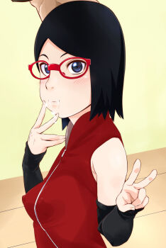 1girl armpits ass bare_shoulders black_hair blue_eyes boruto:_naruto_next_generations breasts closed_mouth covered_erect_nipples cum elbow_gloves female_focus glasses gloves grin highres leg_up looking_at_viewer naruto_(series) red-framed_eyewear sahara_wataru short_hair small_breasts smile source_request teeth uchiha_sarada
