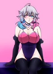 Rule 34 | 1girl, absurdres, ahoge, alternate costume, arisha hamada08, bare shoulders, black gloves, black thighhighs, blue eyes, blue hair, blush, breasts, cleavage, closed mouth, collarbone, commentary, diamond choker, elbow gloves, eyelashes, eyeshadow, gavis bettel, genderswap, genderswap (mtf), gloves, gradient background, grey hair, hair between eyes, hat, heterochromia, highres, holostars, holostars english, large breasts, leotard, looking at viewer, low twintails, makeup, medium hair, multicolored hair, pink background, pink eyes, pink eyeshadow, pink hair, pink leotard, scarf, shiny clothes, shy, simple background, sitting, skindentation, strapless, symbol-only commentary, thighhighs, twintails, twitter username, virtual youtuber, white scarf