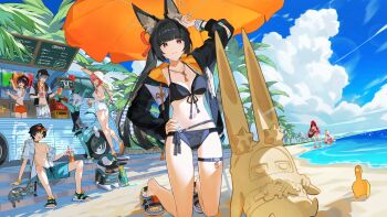 2boys 6+girls absurdres agent_gulliver_(zenless_zone_zero) alice_thymefield alice_thymefield_(sea_of_thyme) alternate_costume animal_ears asaba_harumasa bangboo_(zenless_zone_zero) beach_umbrella belle_(summer_skies)_(zenless_zone_zero) belle_(zenless_zone_zero) bikini black_bikini black_hair black_jacket blue_sky cloud cloudy_sky commentary_request day fox_ears fox_girl hair_ornament highres hoshimi_miyabi jacket kneeling long_hair miyaboo_(zenless_zone_zero) multiple_boys multiple_girls navel official_alternate_costume open_clothes open_jacket outdoors sandals sky soukaku_(zenless_zone_zero) sphere_hair_ornament stomach swimsuit teru2307 thigh_strap tsukishiro_yanagi ukinami_yuzuha ukinami_yuzuha_(tanuki_in_broad_daylight) umbrella wise_(peaceful_waves)_(zenless_zone_zero) wise_(zenless_zone_zero) zenless_zone_zero