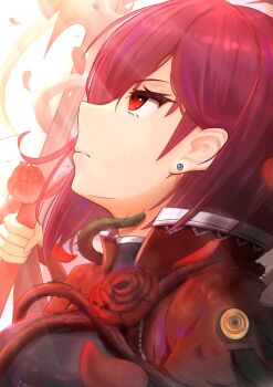 1girl absurdres earrings flower from_side heaven_burns_red highres holding holding_weapon jewelry psy_(artist) purple_hair red_eyes red_flower red_rose rose short_hair tezuka_saki thorns weapon