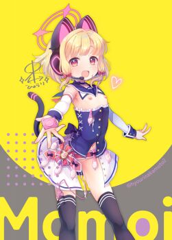 1girl :d animal_ear_headphones animal_ears black_thighhighs blonde_hair blue_archive blue_choker blue_tube_top buttons cat_ear_headphones cat_ears choker comiket_105 condom condom_belt condom_wrapper convenient_censoring cum cumdrip detached_collar detached_sleeves fake_animal_ears fang halo headphones headset highres holding holding_condom hyouri_nakamoto loli looking_at_viewer low-tied_sidelocks mischievous_straight_uniform_(blue_archive) momoi_(blue_archive) navel nipples offering_hand open_mouth pink_halo red_eyes sex_toy showgirl_skirt sidelocks skin_fang smile solo strapless thighhighs tube_top used_condom vibrator vibrator_in_thighhighs