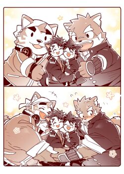 +++ 4boys animal_ears bandana black_suit blush closed_eyes closed_mouth commentary dog_boy dog_ears dog_tail fang flower flying_sweatdrops formal_clothes furry furry_male hug jacket kensan_(isizakirie) live_a_hero looking_at_viewer looking_to_the_side male_focus male_protagonist_(live_a_hero) mascot_costume mokdai_(live_a_hero) moritaka_(housamo) multiple_boys notched_ear open_mouth protagonist_1_(housamo) scar scar_across_eyebrow scar_on_face school_uniform sepia shy smile suit symbol-only_commentary tail tokyo_houkago_summoners