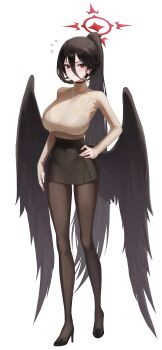 1girl absurdres alternate_costume black_bra black_choker black_hair black_shoes black_skirt black_wings blue_archive blush bra bra_visible_through_clothes breasts brown_pantyhose brown_shirt choker closed_mouth commentary covered_navel cross_halo earrings embarrassed flying_sweatdrops full_body hair_between_eyes halo hand_on_own_hip hasumi_(blue_archive) high_heels highres ieasty jewelry large_breasts long_hair long_hair_between_eyes long_sleeves looking_at_viewer low_wings miniskirt mole mole_under_eye necklace oversized_wings pantyhose pencil_skirt ponytail red_eyes red_halo shirt shirt_tucked_in shoes simple_background skirt sleeves_past_wrists solo standing straight_hair turtleneck turtleneck_shirt underwear v-shaped_eyebrows very_long_hair white_background wings