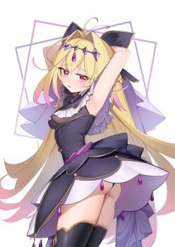 Rule 34 | 1797928123, 1girl, absurdres, antenna hair, armpits, arms behind head, ass, black bow, black dress, black panties, black thighhighs, blonde hair, blush, bow, commentary, cowboy shot, cure arcana shadow, diamond hairband, dress, from side, frown, gradient hair, hair bow, hair intakes, half-closed eyes, highres, long hair, looking at viewer, looking back, magical girl, meitantei precure!, moria luluka, multicolored hair, open mouth, panties, pantyshot, precure, purple eyes, purple veil, short dress, sleeveless, sleeveless dress, solo, sweat, thighhighs, underwear, veil, very long hair, white background