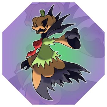 arm_up black_eyes border fakemon floating from_side full_body hollow_eyes hyshirey jack-o'-lantern long_sleeves nintendo no_eyes official_style open_mouth original outline outstretched_arm pokemon pumpkin purple_background solo transparent_background transparent_border white_outline zoom_layer