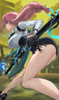 1girl absurdres ass bare_legs black_footwear black_gloves black_neckerchief black_skirt blurry blurry_background breasts collared_shirt commentary_request drawing_sword earrings electricity foot_out_of_frame from_below glasses gloves green_sky half_gloves high-waist_skirt high_heels highres holding holding_sword holding_weapon jewelry large_breasts legs long_hair low-tied_long_hair miniskirt neckerchief pencil_skirt pink_hair rain sakazuki_sudama shirt skirt sky solo strap sword thighs tsukishiro_yanagi weapon white_shirt wide_sleeves zenless_zone_zero
