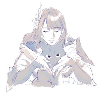 1girl absurdres aina_(mayexplode) animal blunt_bangs cat closed_eyes genshin_impact hair_ornament hands_up highres holding holding_animal japanese_clothes long_hair mole mole_under_eye monochrome off_shoulder parted_lips raiden_shogun scaramouche_(cat)_(genshin_impact) scaramouche_(genshin_impact) simple_background sitting smile tearing_up white_background