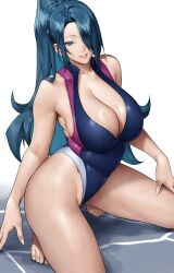 Rule 34 | 1girl, absurdres, alternate costume, alternate hairstyle, azuma fubuki, bare legs, barefoot, blue eyes, blue hair, blue one-piece swimsuit, breasts, cleavage, commentary, competition swimsuit, covered navel, full body, hair over one eye, highres, large breasts, long hair, looking at viewer, mato seihei no slave, mature female, one-piece swimsuit, parted bangs, parted lips, ponytail, simple background, smile, solo, squatting, swimsuit, white background, yoshio (55level)