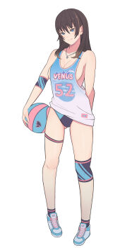 1girl absurdres arm_behind_back ball basketball_(object) basketball_jersey black_socks blue_eyes blush boots breasts brown_hair character_request cleavage commentary copyright_request elbow_brace gluteal_fold hair_between_eyes head_tilt highres holding holding_ball jewelry knee_boots konishiki_(52siki) large_breasts light_blush long_hair looking_at_viewer necklace panties shoes sideboob smile sneakers socks solo symbol-only_commentary thigh_strap underwear