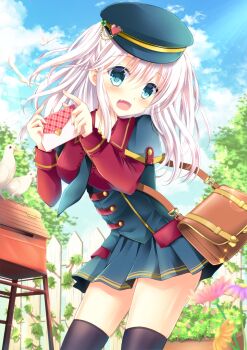 1girl :d bag bird birdhouse black_hat black_jacket black_necktie black_skirt black_thighhighs blue_eyes blue_sky blush breasts brown_bag center_frills cloud commentary_request cowboy_shot day dove envelope fang flower flower_pot frills hat highres holding holding_envelope jacket large_breasts lens_flare long_hair long_sleeves looking_at_viewer mailbag mailman maya_(tirolpop) necktie non-circular_lens_flare open_mouth orange_flower original outdoors pink_flower plant pleated_skirt purple_flower red_shirt shirt shoulder_bag single_sidelock skirt sky smile solo sparkle standing thighhighs top_of_moe_2016 tree vines white_bird white_hair zettai_ryouiki