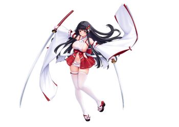 1girl allenes bad_link black_hair blunt_bangs breasts commentary_request detached_sleeves dual_wielding full_body highres holding holding_sword holding_weapon japanese_clothes kamiki_amane_(allenes) katana large_breasts looking_at_viewer navel nontraditional_miko original red_eyes sideboob solo source_request sword thighhighs weapon white_background white_thighhighs