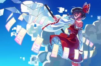 Rule 34 | 1girl, absurdres, ascot, blue sky, bow, brown eyes, brown hair, cloud, commentary request, day, detached sleeves, frilled bow, frilled hair tubes, frilled skirt, frills, gohei, hair bow, hair tubes, hakurei reimu, highres, holding, holding gohei, long hair, ofuda, red bow, red skirt, ribbon-trimmed sleeves, ribbon trim, rkdhs0916, skirt, skirt set, sky, solo, touhou, yellow ascot
