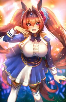 1girl animal_ears blue_jacket blush bow breasts brown_hair center_frills commentary daiwa_scarlet_(peak_blue)_(umamusume) daiwa_scarlet_(umamusume) english_commentary epaulettes fang frills garter_straps hair_intakes highres horse_ears horse_girl horse_tail jacket large_breasts long_hair long_sleeves looking_at_viewer martypcsr open_mouth red_eyes smile solo tail tiara twintails umamusume very_long_hair