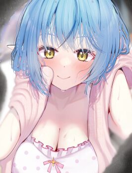 Rule 34 | 1girl, aki (mkjn5227), blue hair, blush, breasts, camisole, cleavage, closed mouth, collarbone, commentary request, elf, hair between eyes, highres, hololive, large breasts, long hair, looking at viewer, official alternate costume, pink trim, pointy ears, polka dot, polka dot camisole, scarf, smile, solo, sweat, virtual youtuber, white camisole, yellow eyes, yukihana lamy, yukihana lamy (roomwear)
