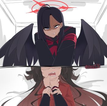 2girls absurdres ahoge asphyxiation black_choker black_gloves black_hair black_serafuku black_wings blue_archive choke_hold choker demon_horns finger_in_another's_mouth gloves hair_intakes hair_ornament hairclip halo hands_on_another's_neck highres horns ichika_(blue_archive) kasumi_(blue_archive) long_hair long_sleeves multiple_girls neckerchief open_mouth red_halo red_neckerchief red_shirt sailor_collar school_uniform serafuku sharp9710 shirt strangling wings