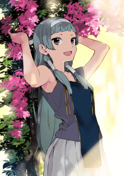 1girl absurdres blue_hair blunt_bangs hair_tubes hairband highres kannagi long_hair looking_at_viewer nagi_(kannagi) open_mouth pleated_skirt purple_eyes shirt skirt sleeveless sleeveless_shirt smile solo takenashi_eri white_skirt