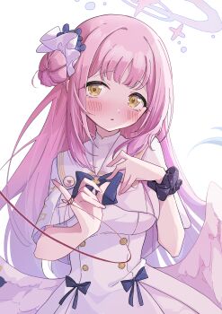 Rule 34 | 1girl, absurdres, angel wings, blue archive, blue bow, blue bowtie, blush, bow, bowtie, breasts, buttons, capelet, commentary request, double-breasted, dress, feathered wings, flower, hair bun, hair flower, hair ornament, halo, highres, kishikino, long hair, looking at viewer, low wings, medium breasts, mika (blue archive), parted lips, pink hair, pink halo, purple flower, purple scrunchie, scrunchie, simple background, single side bun, solo, string, upper body, white background, white capelet, white dress, white wings, wings, wrist scrunchie, yellow eyes