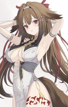 1girl armpits arms_up blush breasts brown_hair brown_tail china_dress chinese_clothes cleavage_cutout clothing_cutout commentary_request dress droopy_ears grey_dress hairband highres horse_tail large_breasts leg_tattoo long_hair looking_at_viewer parted_lips presenting_armpit red_eyes simple_background solo tail tamamorh tattoo white_background white_hairband ye_shunguang zenless_zone_zero