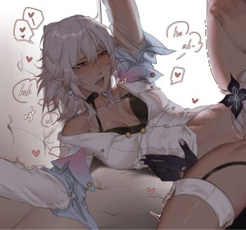 2girls against_wall arm_up backlighting bare_shoulders black_bra black_choker black_flower black_gloves blush bottomless bra breasts breasts_apart buttons choker clothed_sex commentary cunnilingus double-parted_bangs dual_persona earrings echoei3 english_commentary english_text evernight_(honkai:_star_rail) flower furrowed_brow gloves grey_background grey_eyes hair_between_eyes hair_flower hair_ornament halterneck hand_on_another's_waist heart honkai:_star_rail honkai_(series) jewelry long_sleeves looking_at_another lying march_7th_(honkai:_star_rail) march_7th_(preservation)_(honkai:_star_rail) medium_breasts medium_hair moaning mole mole_on_chest mole_on_thigh multiple_girls narrowed_eyes navel nose_blush off_shoulder on_back on_floor open_mouth oral partially_unbuttoned pink_hair pussy_juice selfcest shirt simple_background solo_focus speech_bubble spoken_heart spread_legs thigh_strap trembling underwear white_background white_shirt yuri