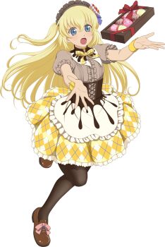 Rule 34 | 1girl, artist request, black pantyhose, blonde hair, blue eyes, blue ribbon, brown shoes, colette brunel, dress, dropped food, dropped object, full body, game cg, gem, gold choker, hair ornament, highres, jewelry, long hair, necklace, official art, open mouth, pantyhose, red gem, ribbon, shoes, solo, tales of (series), tales of asteria, tales of symphonia, third-party source, yellow ribbon