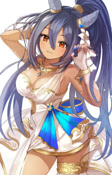 1girl animal_ears arm_up armpits bare_shoulders black_hair blue_nails blush bracelet breasts bridal_gauntlets cherry_blossoms cleavage closed_mouth commentary cowboy_shot dark-skinned_female dark_skin dress ear_covers fang gem gold_bracelet gold_necklace gold_thighlet gold_trim hair_between_eyes hanamura_pink high_ponytail highres hishi_amazon_(hungry_veil)_(umamusume) hishi_amazon_(umamusume) horse_ears horse_girl horse_tail jewelry long_hair medium_breasts necklace nontraditional_wedding_dress official_alternate_costume ponytail red_eyes revision simple_background skindentation smile solo tail thighlet umamusume upper_body very_long_hair wedding_dress white_background white_bridal_gauntlets white_dress