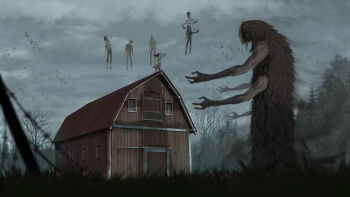 1girl 4boys absurdres angusbeef30 bird blood commentary english_commentary extra_arms floating floating_hair highres monster multiple_boys original severed_head tree