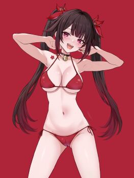 1girl bell bikini black_choker breasts brown_hair butterfly-shaped_pupils choker commentary_request flower_tattoo highres honkai:_star_rail honkai_(series) large_breasts long_hair looking_at_viewer mark_under_both_eyes navel neck_bell pink_eyes red_background red_bikini saint_laurent_paris side-tie_bikini_bottom simple_background smile solo sparkle_(honkai:_star_rail) swimsuit symbol-shaped_pupils tattoo twintails