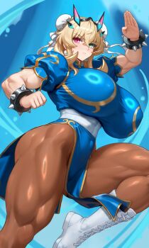 Rule 34 | 1girl, abs, absurdres, ass, barghest (fate), biceps, blonde hair, blue dress, blush, boots, bracelet, breasts, brown pantyhose, bun cover, capcom, china dress, chinese clothes, chun-li, chun-li (cosplay), cosplay, covered navel, double bun, dress, earrings, fate/grand order, fate (series), green eyes, hair bun, heterochromia, highres, horns, huge breasts, jewelry, knee boots, looking at viewer, medium hair, muscular, muscular female, muscular legs, pantyhose, pelvic curtain, raskasar, red eyes, solo, spiked bracelet, spikes, street fighter, thighs, white boots