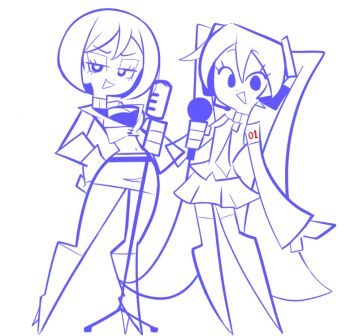 2girls belt boots breasts cleavage crop_top detached_sleeves dot_nose gloves hatsune_miku headphones holding holding_microphone holding_microphone_stand jacket large_breasts long_hair looking_at_viewer meiko_(vocaloid) microphone microphone_stand midriff monochrome multiple_girls navel necktie open_mouth rainelyn00 shirt short_hair simple_background sketch skirt smug triangle_mouth twintails vocaloid white_background