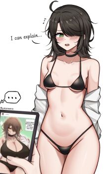 ... 1girl absurdres ahoge bikini black_bikini black_choker black_hair blush borrowed_character breasts breasts_apart choker collarbone commentary cowboy_shot english_commentary english_text flying_sweatdrops green_eyes hair_over_one_eye highleg highleg_bikini highres long_hair looking_at_viewer navel one_eye_covered open_mouth original parted_bangs rinni_(naoillus) simple_background small_breasts solo_focus speech_bubble spoken_ellipsis stomach swimsuit white_background yukaraishin