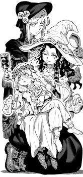 Rule 34 | 3girls, anklet, baby bottle, barefoot, bloodborne, bonnet, boots, bottle, braid, brushing another's hair, brushing hair, cape, cloak, cracked skin, crossed arms, doll joints, dress, earrings, elden ring, elden ring nightreign, extra arms, flower wreath, fur cape, greyscale, hair brush, hat, head wreath, height difference, highres, holding, holding rattle, ireading, jewelry, joints, kneeling, large hat, long hair, looking at another, low twin braids, monochrome, multiple girls, parted lips, plain doll, ranni the witch, rattle, revenant (elden ring), sitting, sitting on lap, sitting on person, twin braids, veil, white background, white dress, witch, witch hat
