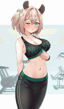 Rule 34 | 1girl, ;o, animal ears, arm behind back, black pants, black sports bra, bottle, breasts, brown hair, cleavage, clothes writing, commentary, cowboy shot, double-parted bangs, english commentary, green eyes, gym, hair between eyes, highres, holding, holding bottle, indie virtual youtuber, indoors, large breasts, looking at viewer, midriff, navel, nimi nightmare, one eye closed, one side up, pants, pyrokuro, short hair, solo, sports bra, sportswear, sweat, tapir ears, tapir girl, very sweaty, virtual youtuber