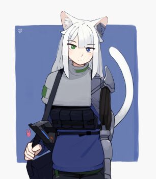 Rule 34 | 1girl, absurdres, animal ear fluff, animal ears, bag, black bag, blue eyes, blue shirt, blush, cat ears, cat girl, cat tail, closed mouth, commentary, cowboy shot, dated, english commentary, eyelashes, green eyes, handbag, heterochromia, highres, holding strap, kart prowler, kasumi (kart prowler), long hair, long sleeves, mechanical arms, original, prosthesis, prosthetic arm, shirt, sidelocks, signature, single mechanical arm, solo, tail, weapon