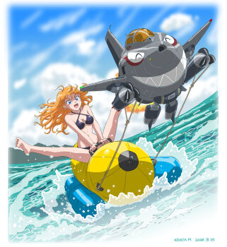 1girl ^_^ aircraft airplane amron_(robopon) artist_name bare_arms bare_legs barefoot bikini black_bikini blue_eyes blue_sky border breasts claws closed_eyes cloud commentary_request criss-cross_halter dated dutch_angle floating_hair flying grin halterneck highres inflatable_raft jet_(robopon) legs_up long_hair medium_breasts mizutani_kenta navel non-humanoid_robot o-ring o-ring_bikini ocean open_mouth orange_hair outdoors robot robot_ponkottsu sharp_teeth sky smile splashing spread_legs swimsuit teeth white_border