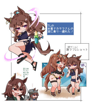 Rule 34 | 3girls, :d, ;d, ahoge, animal ears, beanie, beer hsk, bikini, black bikini, black jacket, black sandals, blue eyes, blue shirt, breasts, brown hair, brown sandals, chibi, cleavage, commentary request, ears through headwear, eyewear on head, green shirt, grey hat, grey jacket, grin, hair between eyes, hat, heart, heart-shaped eyewear, highres, holding, horse ears, horse girl, horse tail, jacket, large breasts, long hair, maruzensky (hot summer night) (umamusume), maruzensky (umamusume), multiple girls, nakayama festa (entrust myself to the dice) (umamusume), nakayama festa (umamusume), navel, one eye closed, open clothes, open jacket, open mouth, orange-tinted eyewear, purple eyes, sandals, shirt, sirius symboli (umamusume), smile, striped clothes, striped headwear, sunglasses, swimsuit, tail, tinted eyewear, translation request, umamusume, vertical-striped clothes, vertical-striped headwear, very long hair, water, water gun, white background