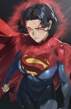 1girl abs absurdres black_background black_hair blue_bodysuit bodysuit breasts cape clenched_hand commentary_request dc_comics dc_extended_universe from_above glowing glowing_eyes highres lips looking_at_viewer medium_breasts parted_bangs parted_hair rain red_cape red_eyes serious short_hair supergirl superhero_costume superman_logo taiyang_yu the_flash_(movie) toned wide_hips