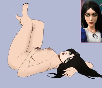 1girl alice_(alice_in_wonderland) alice_madness_returns black_hair black_nails black_toenails completely_nude crossed_ankles full_body green_eyes horseshoe_necklace horseshoe_pendant legs_up lying moonlsu nail_polish nipple_piercing nude on_back on_ground piercing pubic_hair simple_background thighs_together