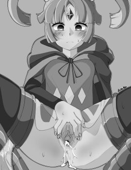 1girl after_vaginal aftersex armor artist_name blush clevatess:_majuu_no_ou_to_akago_to_shikabane_no_yuusha cloak cum cum_in_pussy dress forehead_jewel greaves greyscale hiiro_myo monochrome naie_chiffonlitz panties_around_leg pussy solo spread_pussy spreading_own_pussy sweat thighhighs twintails