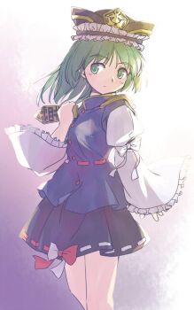 1girl arm_bow asymmetrical_clothes black_skirt blue_skirt commentary_request epaulettes feet_out_of_frame frilled_hat frills green_eyes hand_up hat holding holding_rod long_sleeves looking_to_the_side medium_hair one-hour_drawing_challenge rangycrow red_ribbon ribbon ribbon-trimmed_skirt ribbon_trim rod rod_of_remorse shiki_eiki sideways_glance skirt solo touhou turning_head white_ribbon