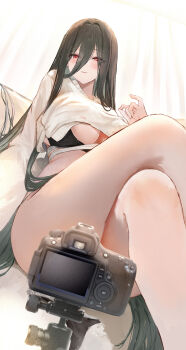 1girl absurdres azur_lane black_bra black_hair black_panties blush bra breasts camera closed_mouth commentary_request convenient_censoring crossed_legs eyes_visible_through_hair feet_out_of_frame francesco_caracciolo_(azur_lane) francesco_caracciolo_(confession_under_the_spotlight)_(azur_lane) from_below hair_between_eyes hand_up highres huge_breasts legs long_hair long_hair_between_eyes long_sleeves looking_at_viewer official_alternate_costume panties red_eyes sitting solo suo_bu_ye_feng sweater thighs underwear unworn_panties very_long_hair white_sweater