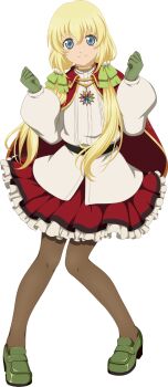 Rule 34 | 1girl, artist request, black pantyhose, blonde hair, blue eyes, colette brunel, full body, game cg, gloves, green gloves, green shoes, hair ornament, highres, jewelry, long hair, looking at viewer, official art, pantyhose, pendant, red skirt, shirt, shoes, skirt, smile, solo, tales of (series), tales of asteria, tales of symphonia, third-party source, twintails, white shirt